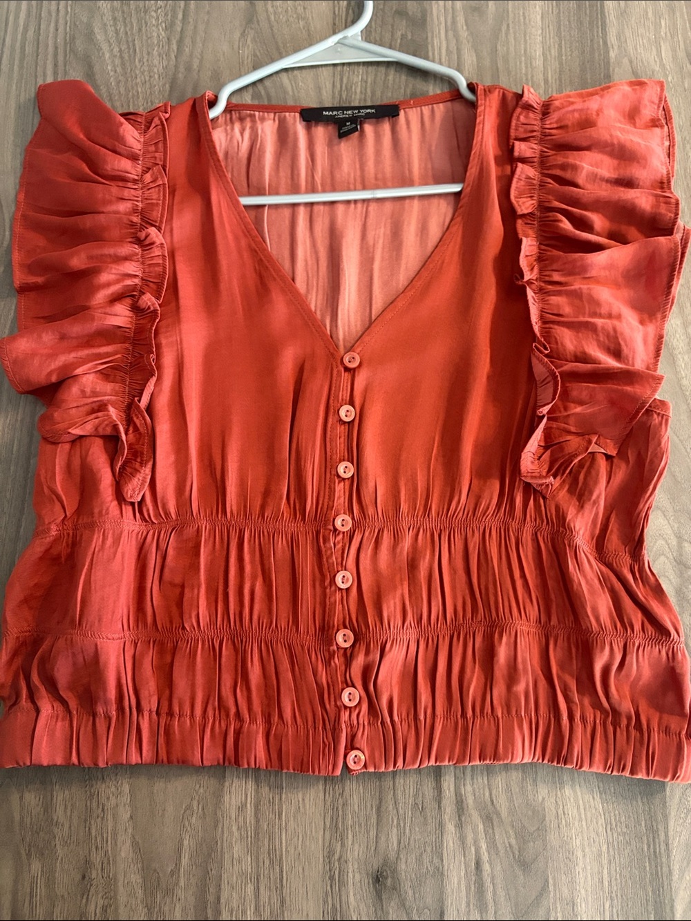 Andrew Marc Rust Ruffle-Sleeve Button Front Blouse - Picture 2 of 15